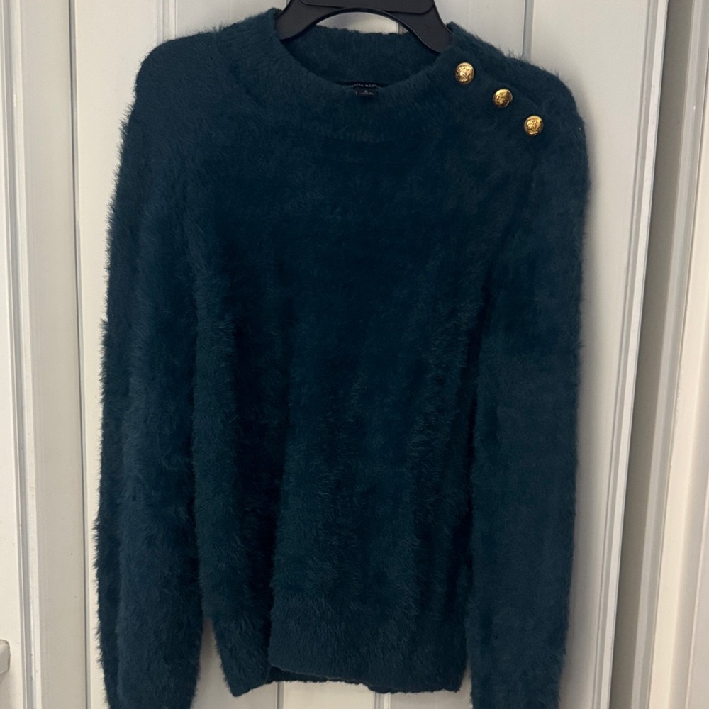 Banana Republic Teal Fuzzy Button-Shoulder Sweater